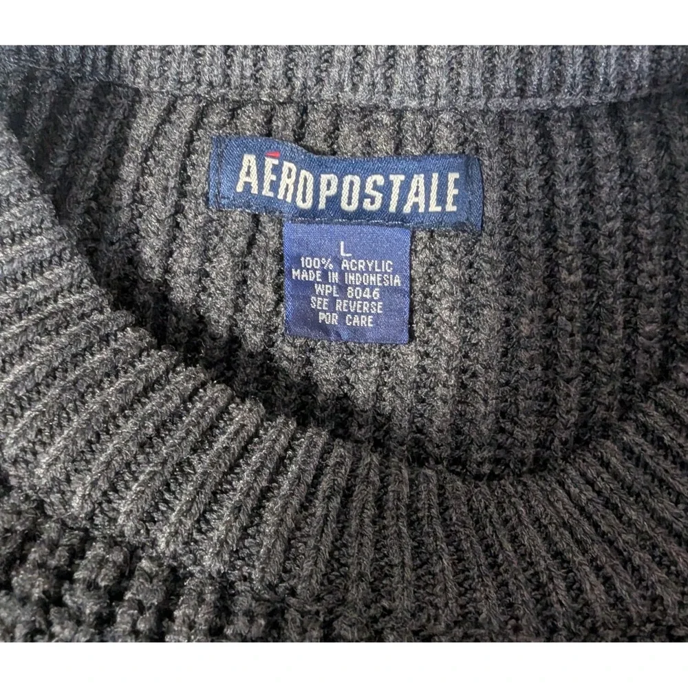 Vtg Y2K Aeropostale Mens L Chunky Ribbed Knit Sweater Charcoal Gray Stripe 90s